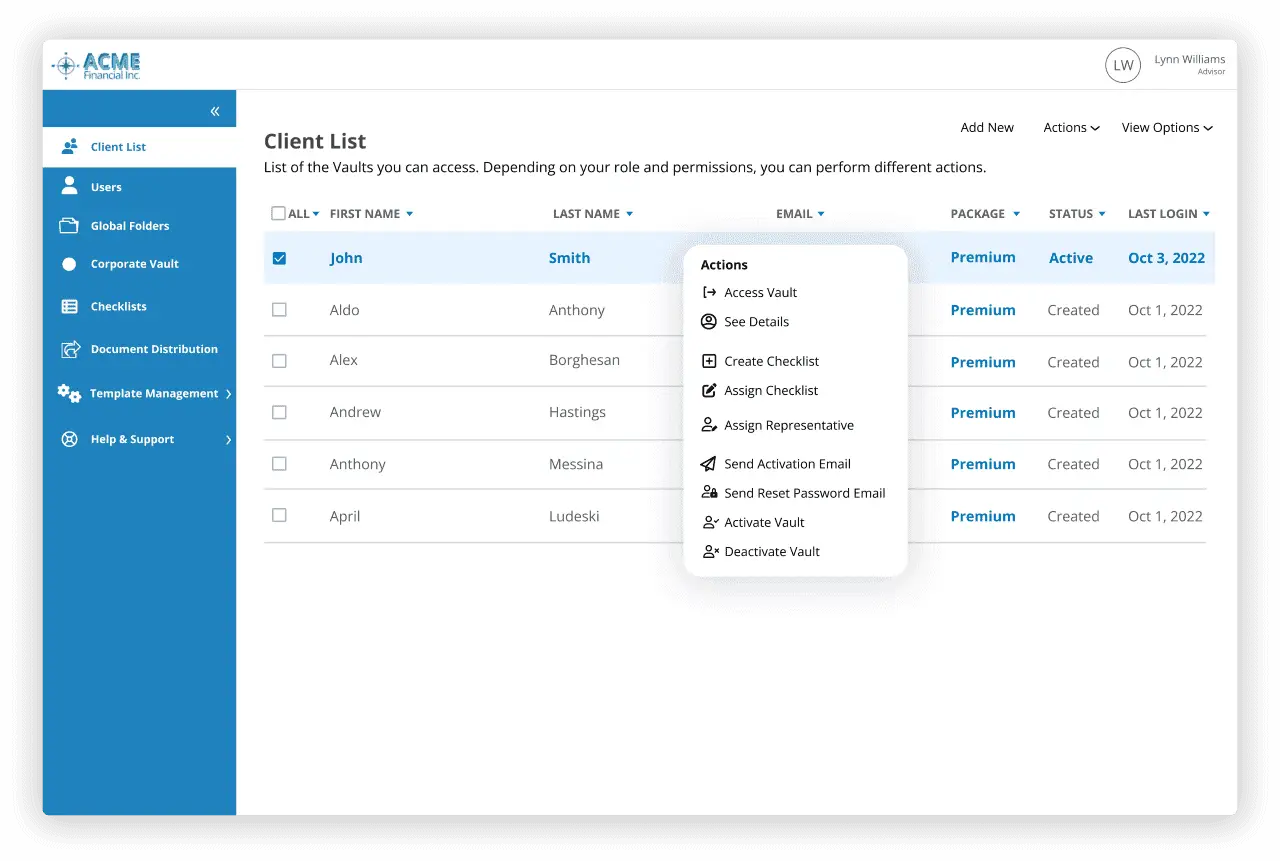 ACME Financial - Advisor View of Client List